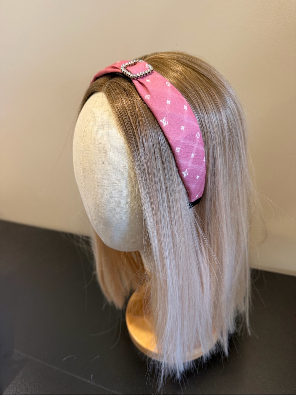 Louis Vuitton Pink Padded Logo Headband with Crystal Heart